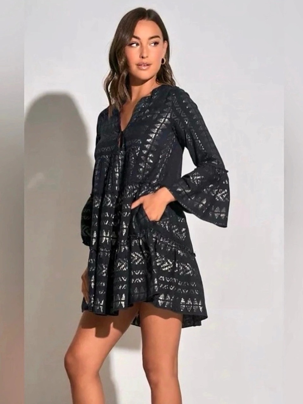 Elan Long Bell Sleeve Tiered Cover-Up Dress Mini Dress Blue & Gold Small